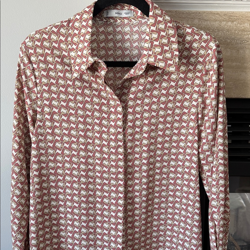 Mango women's Satin Red and White Geometric Shirt NWOT
